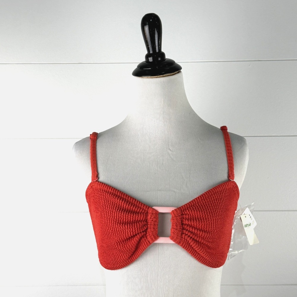 New Aerie Swim Bandeau Bikini Swimsuit Top Women L Coral Red Pink Ring Strapless